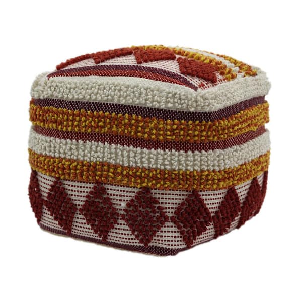 Noble House Arby Orange, Red and White Pattern Fabric Cube Pouf