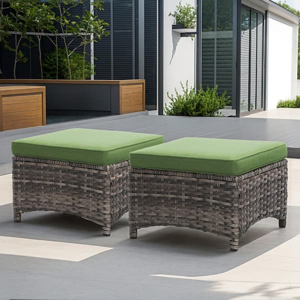 Wicker Outdoor Patio Ottoman with Green Cushions (Set of 2)
