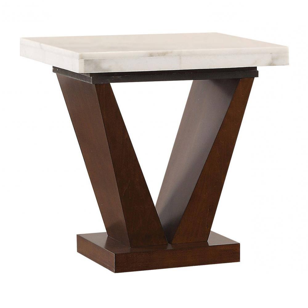 22" V-Base White Marble & Walnut Square End Table