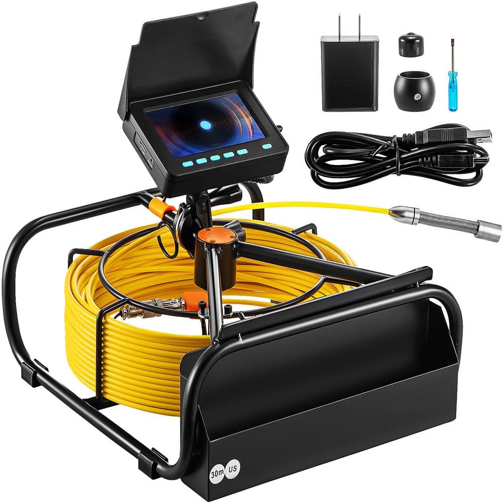 VEVOR Sewer Pipe Camera 4.3 in. LCD Monitor Screen Inspection Camera 98.4 ft. Cable Duct IP68 with Battery DVR Function