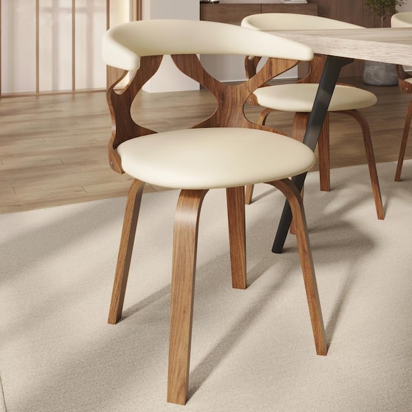 Dining Chairs Round Leather Seat with Solid Wood Legs Accent Arm Chair Curve Open Back in Walnut/Taupe