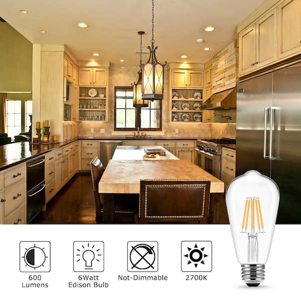 ST58 E26 Medium Base 60 Watt Equivalent Vintage LED Edison Filament Light Bulb Warm White 2700K (8-Pack)