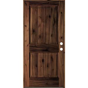 36 in. x 80 in. Rustic Knotty Alder Square Top V-Grooved Red Mahogony Stain Left-Hand Wood Single Prehung Front Door