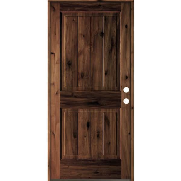 Krosswood Doors 36 in. x 80 in. Rustic Knotty Alder Square Top V-Grooved Red Mahogony Stain Left-Hand Wood Single Prehung Front Door