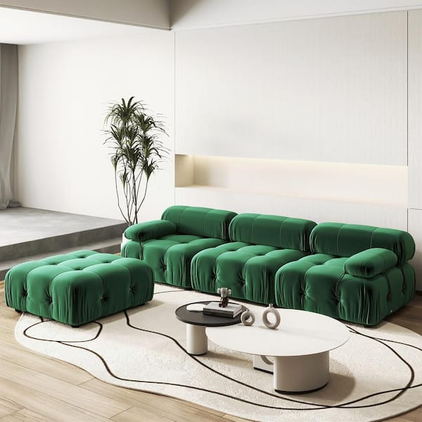 Magic Home Chameleon 104 in. Square Arm Minimalism 4-Piece Modern Velvet Modular Combination Sectional Sofa with Ottoman in Green