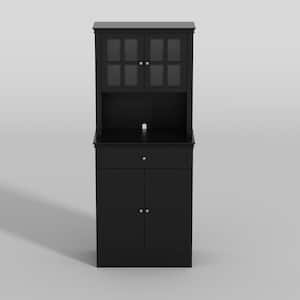 Black Painted Accent Storage Cabinet, Sideboard with Framed Transparent Doors, Drawer, Adjustable Shelves and Hutch