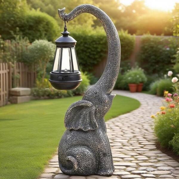 7 in. x 15 in. Gray Resin Elephant Garden Statue Solar Lights