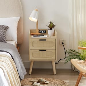 2-Drawer Natural Handmade Rattan Nightstand with Socket Side Table 15.55 in. W x 13.78 in. D x 20.87 in. H