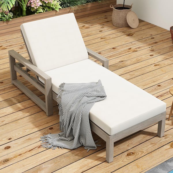 Harper & Bright Designs Gray Wood Outdoor Lounge Chair with Beige Cushion, 5-Position Adjustable Backrest