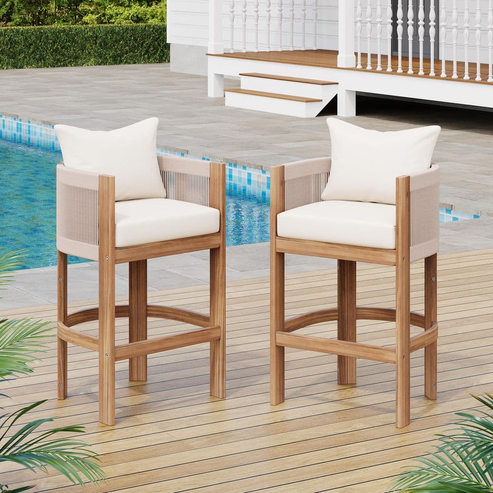 Teak Acacia Wood Outdoor Bar Stool with Beige Cushion, Beige Rope, Seating for Deck, Garden, Backyard (2-Pack) price history on PriceWatchPro