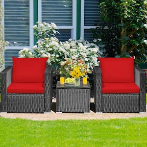 3-Piece Rattan Wicker Patio Conversation Set with Washable Red Cushions and Tempered Glass Tabletop