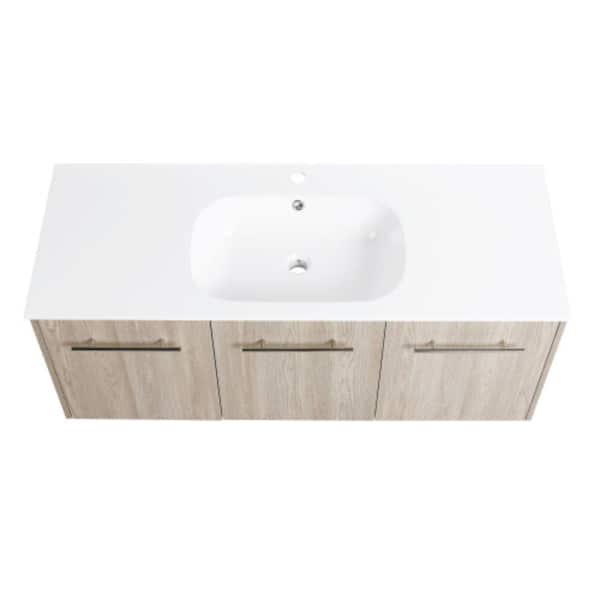 Sanlan GLEM04 48.0 in. W x 18.1 in. D x 18.3 in. H Single Sink Floating Bath Vanity in White Oak with White Solid Surface Top