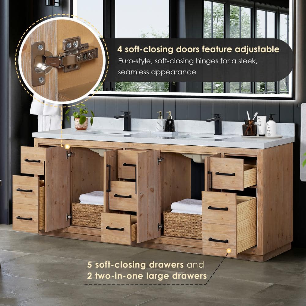 Cicero 84" Light Brown Fir Wood Vanity with White Stone Top