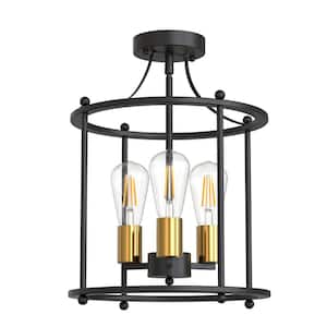 anonnmama♡ black brown YANSUN 13 in. 3-Light Black and Gold Farmhouse Semi Flush