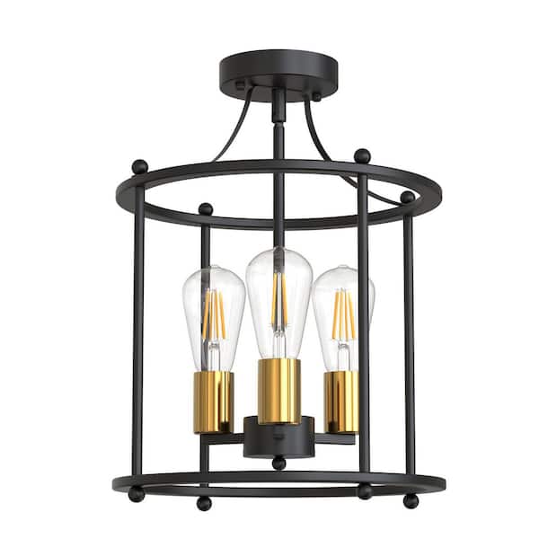レビュー高評価の商品 13 YANSUN in. Flush Semi Farmhouse Gold and Black 3-Light アメコミ