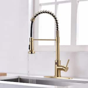 Single-Handle Touchless Sensor Gooseneck Pull-Down Sprayer Kitchen Faucet in Brushed Gold