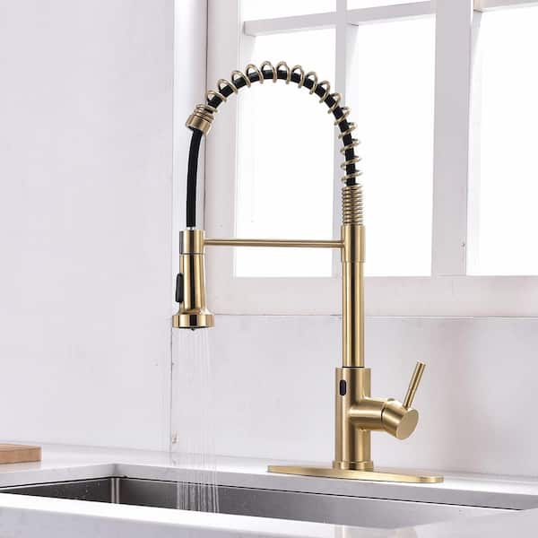 Single-Handle Touchless Sensor Gooseneck Pull-Down Sprayer Kitchen Faucet in Brushed Gold