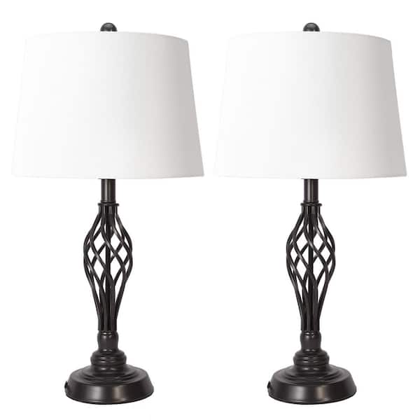 Merra 26 in. Oil Rubbed Bronze Table Lamp with White Fabric Shade (Set of 2)