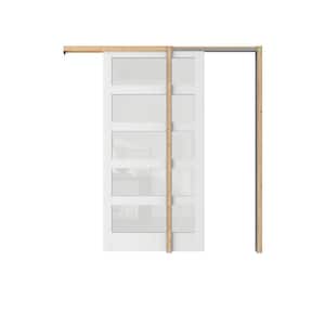32 in. x 80 in. 5 Panel Frosted Glass, Can Be Painted, White MDF Wood Pocket Door Frame with All Hardware