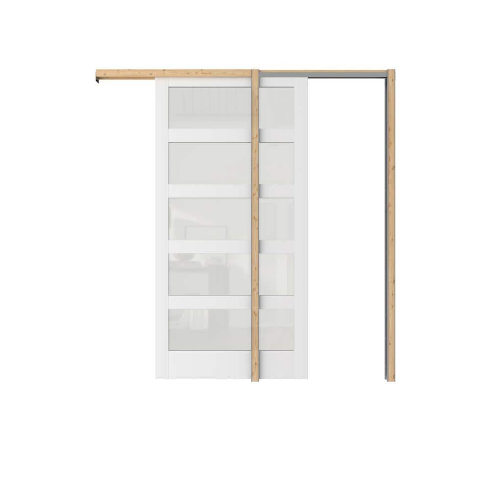 36 in. x 80 in. 5-Lite, Need to assemble Panel, Tempered Frosted MDF, White Primed Pocket Door Frame with Hardware price history on PriceWatchPro