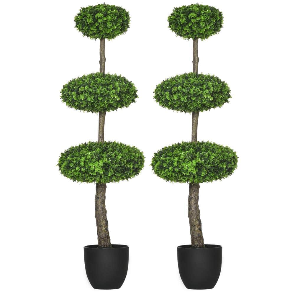 43.25 in. Set of 2 Green Artificial Boxwood Topiary Tree, Faux Fake Tree Pl