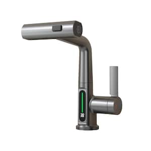 Pull-Out LED Temperature Digital Display Single Handle Single Hole Bathroom Faucet with Adjustable Height in Matte Gray
