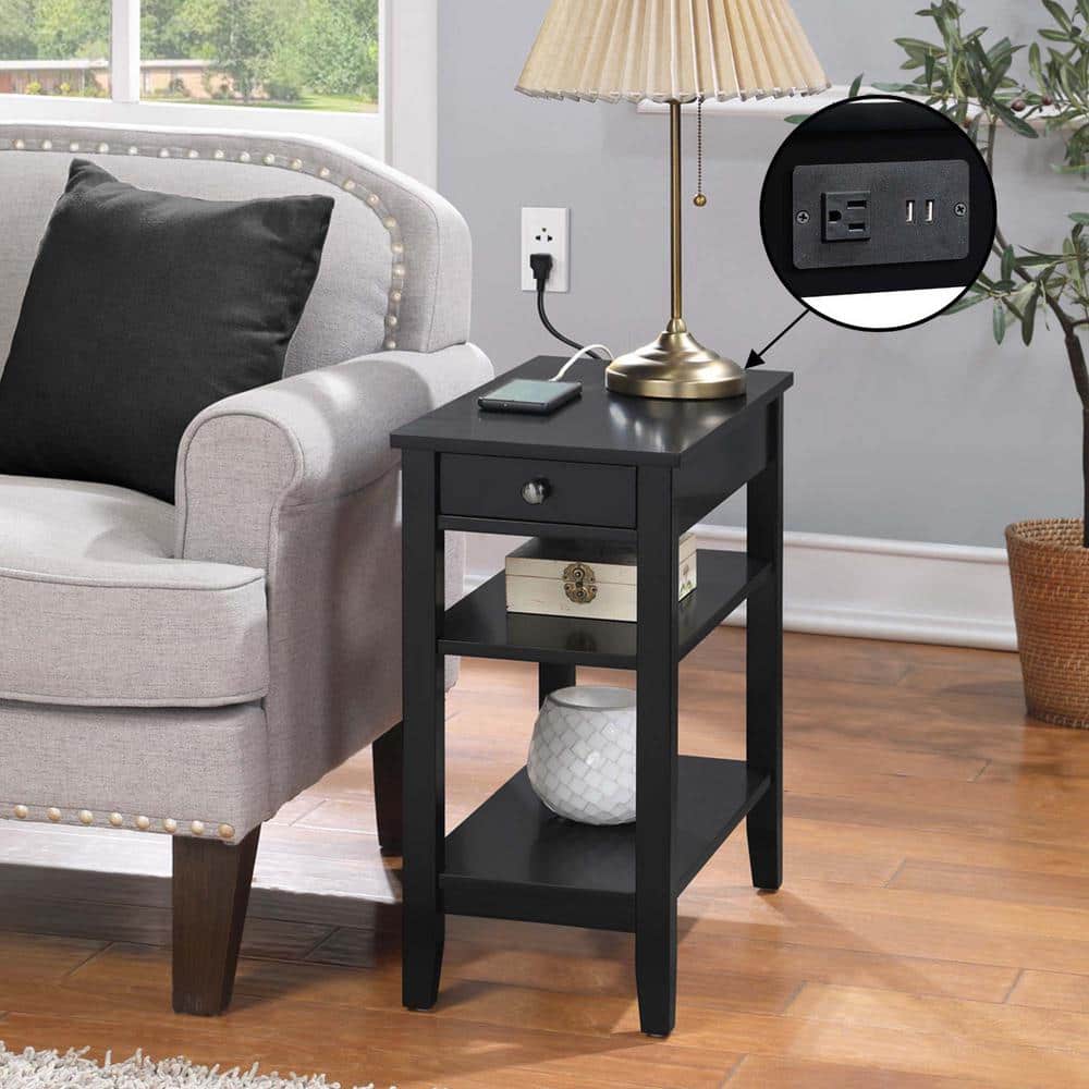 Black Wood and Metal Chairside End Table with Charging Station