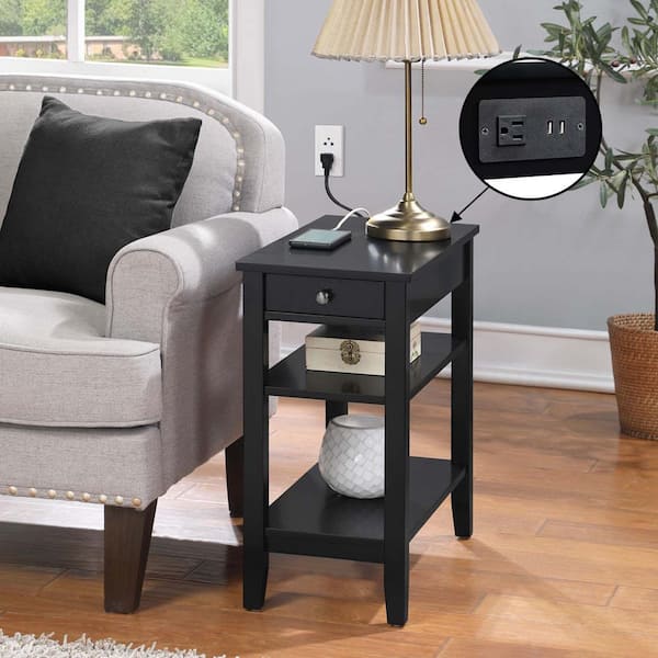 Convenience Concepts American 11.25 in. W Rectangular Black Rectangular Wood Veneer End Table with Charging Station