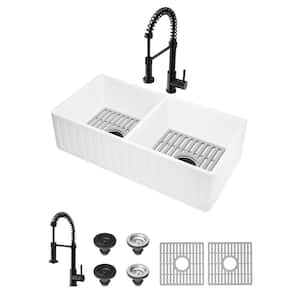 Matte Stone White Composite 36 in. Double Bowl Slotted Farmhouse Kitchen Sink with Faucet in Black, Strainers and Grids