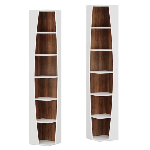 BYBLIGHT Eulas 70.87 in. Tall White & Walnut Wood 6-Shelf Corner Bookcase, Narrow Freestanding Boat-shaped Opening Shelves, 2PCS