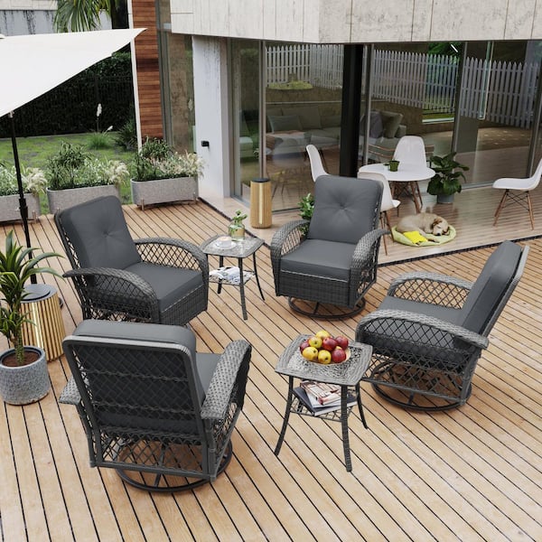 6-Piece 360° Wicker Outdoor Rocking Chair Set with Gray Wicker with Dark Gray Cushions and Square Side Tables