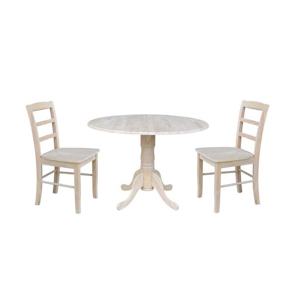 International Concepts Brynwood 3-Piece 42 in. Unfinished Round Drop-Leaf Wood Dining Set with Madrid Chairs