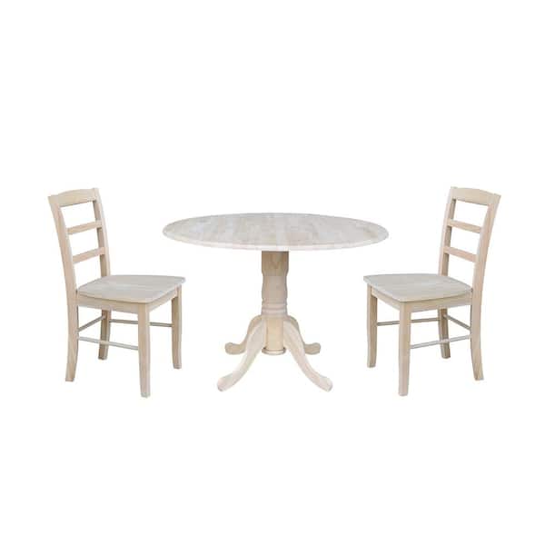 International Concepts Brynwood 3-Piece 42 in. Unfinished Round Drop-Leaf Wood Dining Set with Madrid Chairs