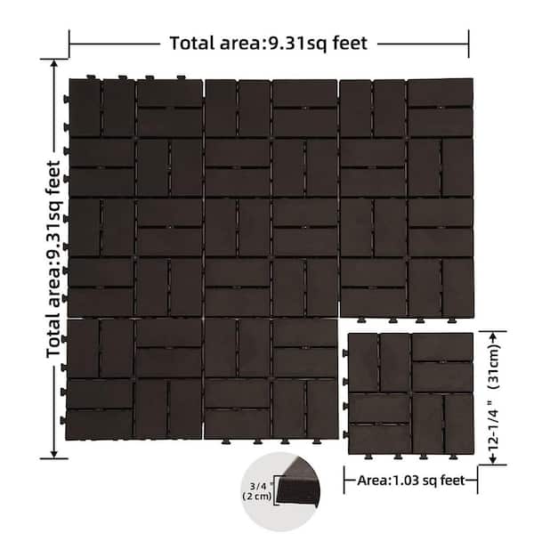 12 in. x 12 in. Brown Square Composite Decking Tiles, 4 Slat Plastic Outdoor Flooring Tile All Weather (Pack of 36)