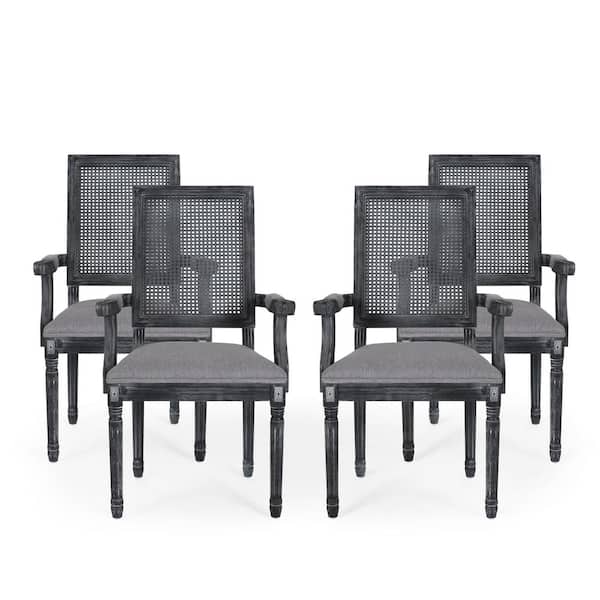 Noble House Aisenbrey Gray Wood and Cane Arm Chair (Set of 4)