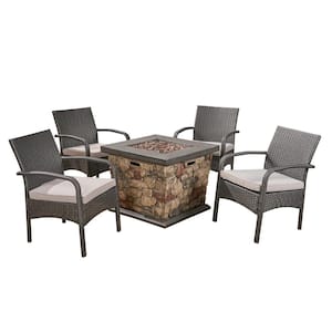 Cordoba Grey 5-Piece Faux Rattan Patio Fire Pit Seating Set with Light Grey Cushions