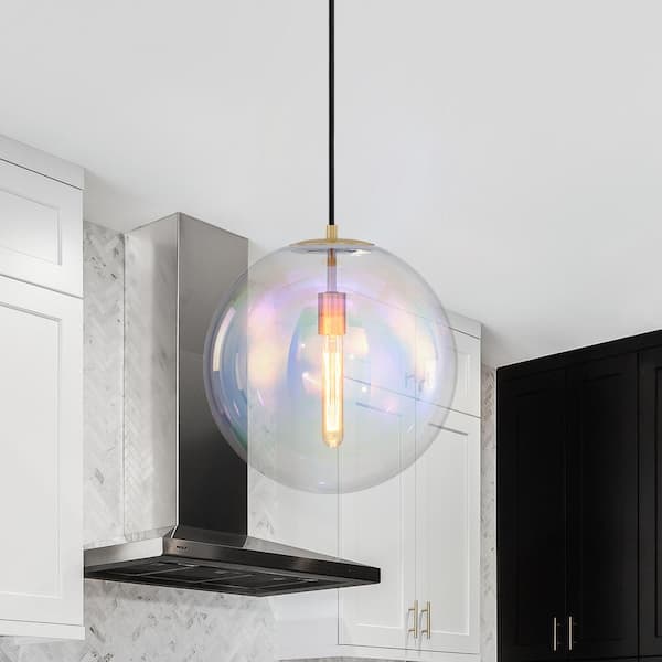 Lena 60-Watt 1-Light Brushed Gold Transitional Pendant Light with Clear Iridescent Glass Shade, No Bulbs Included