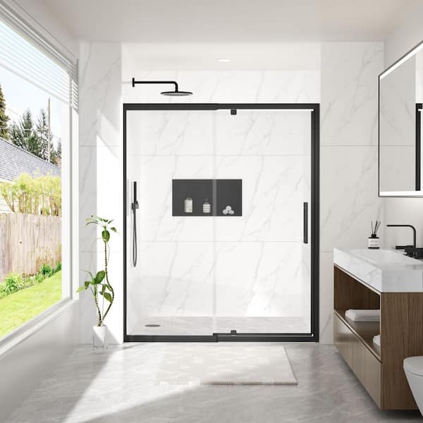38-42 in. W x 72 in. H Pivot Swing Framed Shower Door in Matte Black with Nano-Coated Tempered Glass and Waterproof Seal