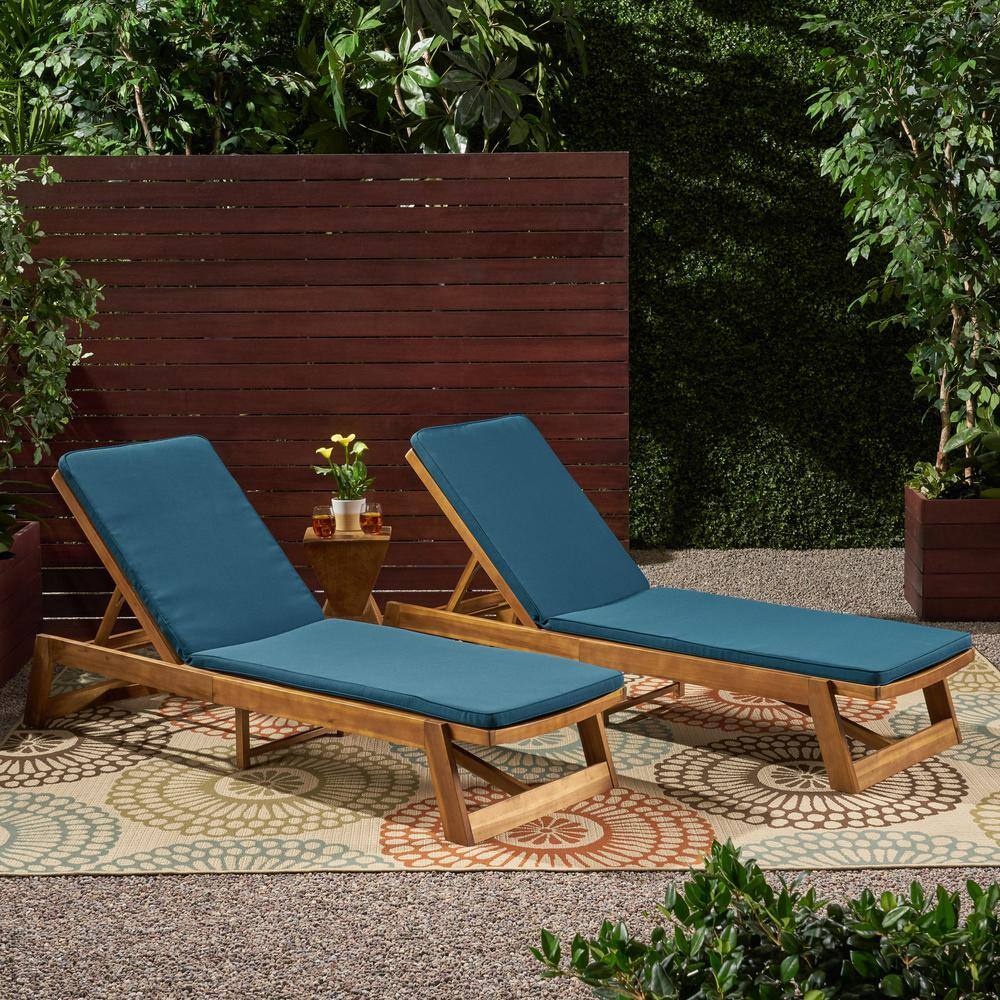 Maki Teak Brown 2-Piece Wood Outdoor Patio Chaise Lounge with Blue Cushions price history on PriceWatchPro