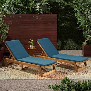 Maki Teak Brown 2-Piece Wood Outdoor Chaise Lounge with Blue Cushions