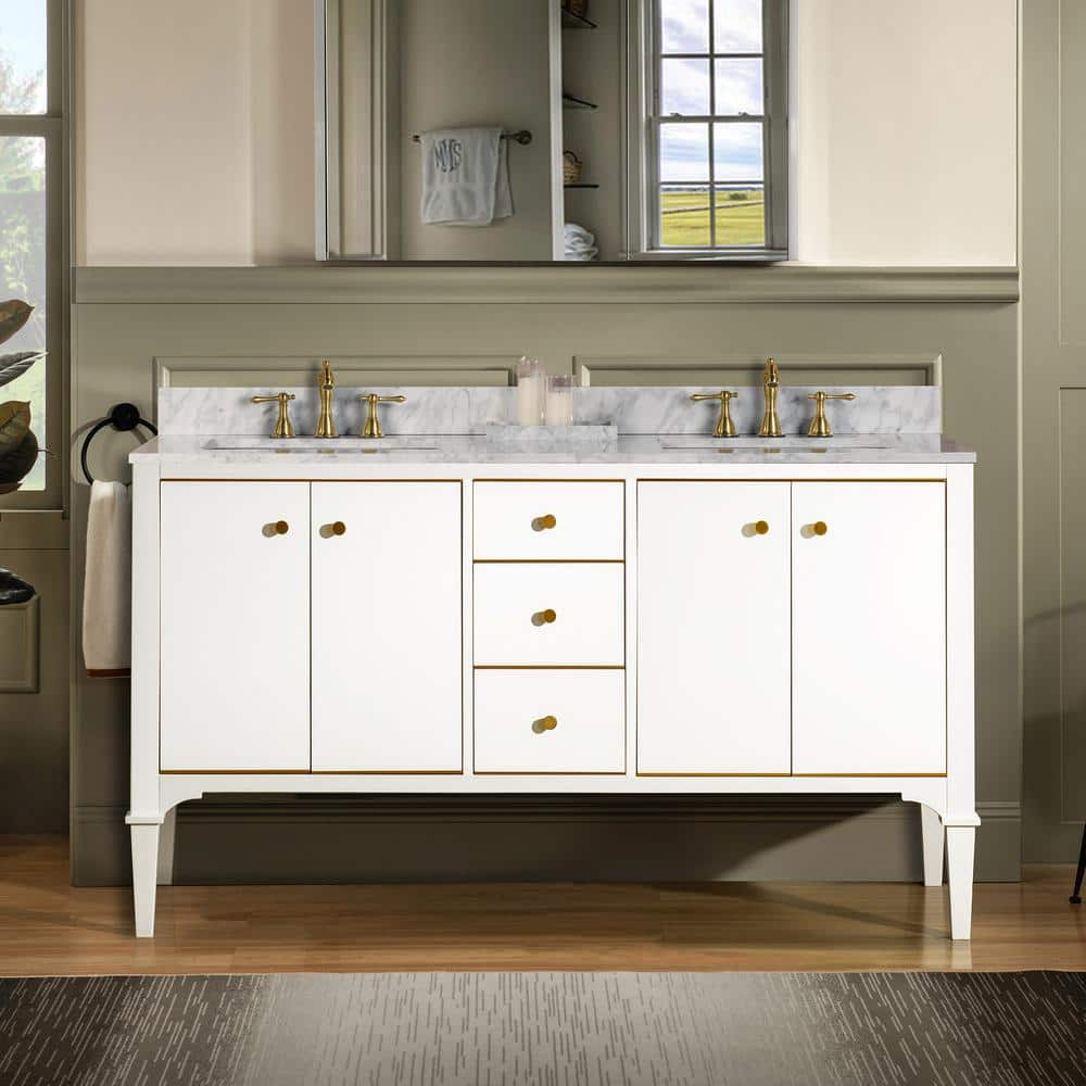 WOODBRIDGE Roma 61 in. W x 22 in. D Bath Vanity in White with Marble Vanity top in Carrara White