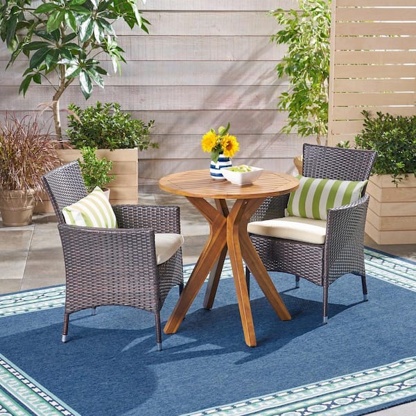 Jillian Multi-Brown 3-Piece Wood and Faux Rattan Outdoor Patio Bistro Set with Beige Cushions