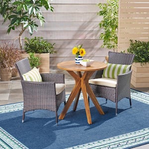 Jillian Multi-Brown 3-Piece Wood and Faux Rattan Outdoor Bistro Set with Beige Cushions