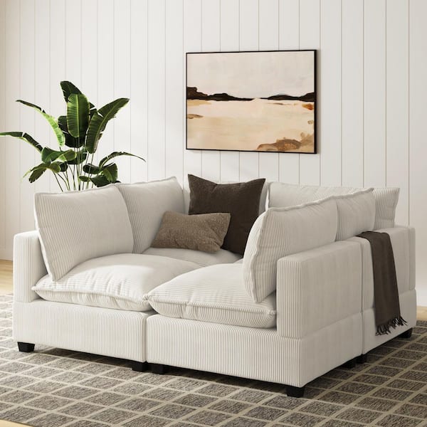 Chelsea 76.4 in Full Square Arm 4-Piece Corduroy Conversation Pit Square Sectional Sofa in Pearl White