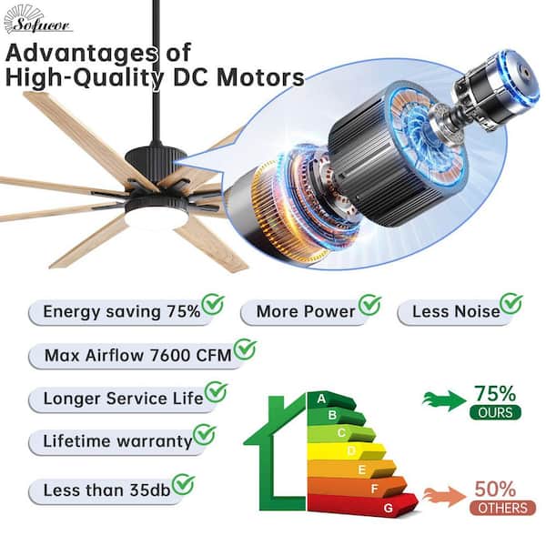 76 in. Indoor/Outdoor Black Ceiling Fan with LED Light Remote 8-Wood Blades Works with Phone