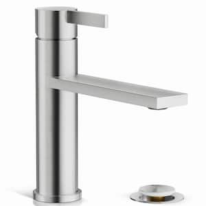 Single Handle  Bathroom Sink Basin Faucet,Brushed Nickel Low Arc Single Hole Faucet, with Metal Pop-up Drain