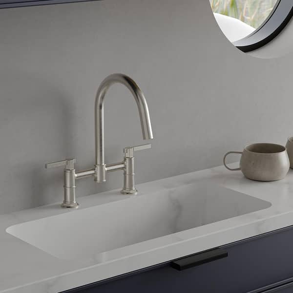 Heritage Series Double-Handle Bridge Kitchen Faucet with High-Arc Gooseneck Spout in Available in Brushed Nickel