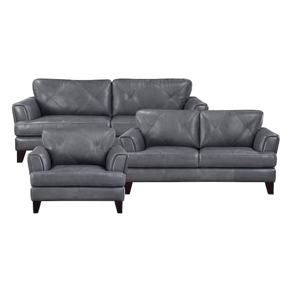 Lazzara Marie 88 in. W Straight Arm Leather Rectangle 3-Piece Living Room Sofa Set in Burnish Gray