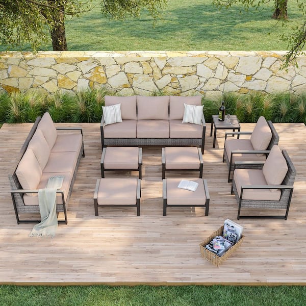 Sonkuki 9 Pieces Patio Conversation Set Sofa Set with Ottomans and Side Table Gray PE Wicker with Sand Cushion