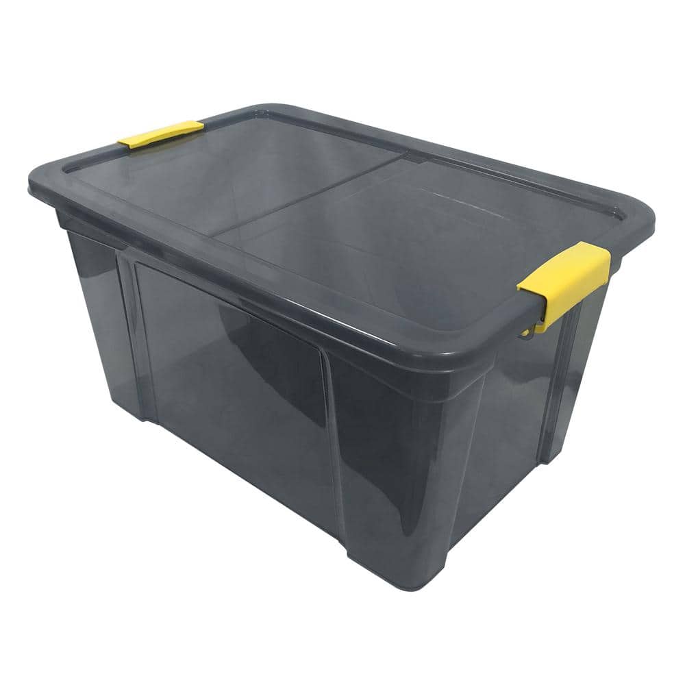 Modern Homes 9.5 Gal. Storage Box Translucent in Grey Bin with Yellow  Handles with cover 22145 The Home Depot